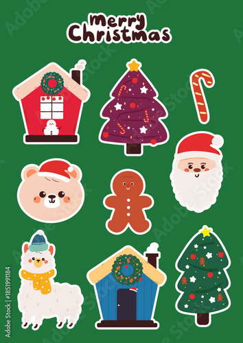 cute hand drawing cartoon bear, llama and Christmas element for Christmas sticker. cute Christmas sticker sheet