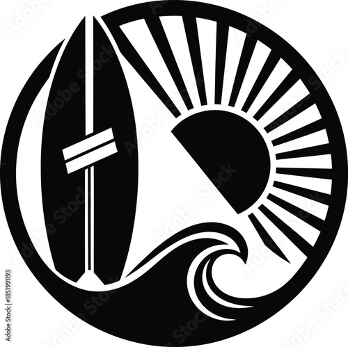Retro circular surfboard and sun logo beach lifestyle vintage summer design Vector illustration