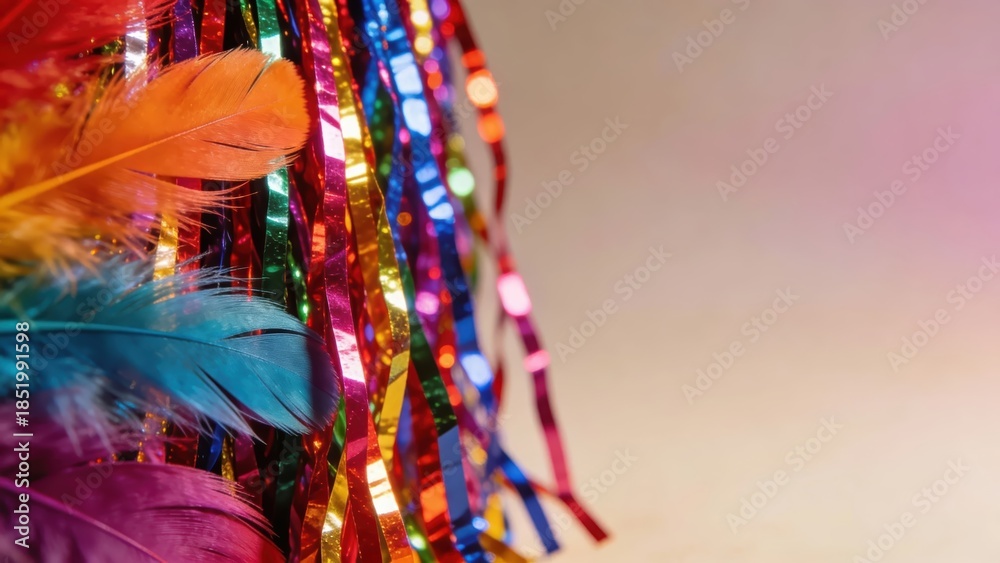 Fototapeta premium Vibrant Feathers and Shimmering Streamers Festive Background