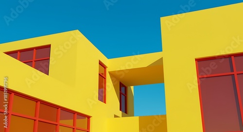 Bright yellow building with red framed windows against a clear blue sky
