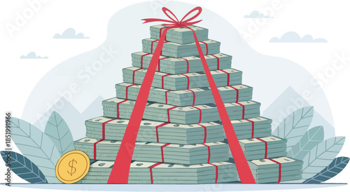 Vector Illustration of a Gigantic Stack of Bills Representing Public Debt