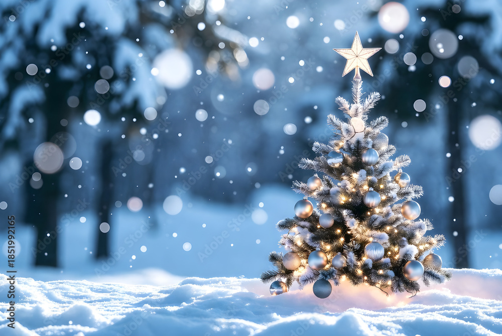 Obraz premium A snowy Christmas tree glowing in a blue winter forest at night