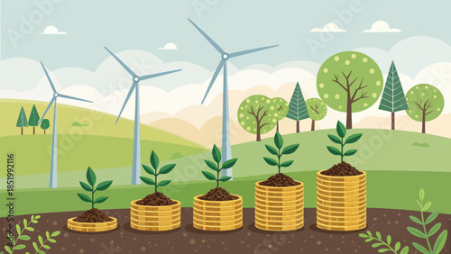 Wind Turbines Growing From Golden Coins In Soil Concept
