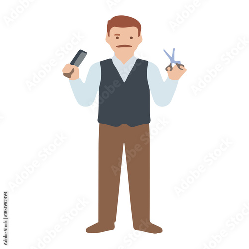 Professional barber holding scissors and razor ready to cut hair