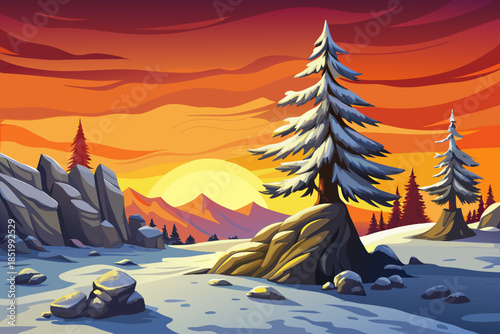 Sparse pine trees emerge from an arctic snowfield, creating a stark winter landscape defined by cold light, open space, and extreme seasonal conditions, at sunset time