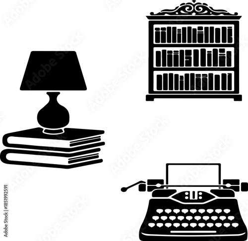 Set of black and white vector icons representing literature and writing themes including a bookshelf, a lamp on books, and a typewriter