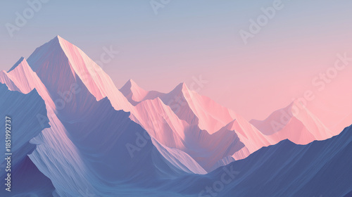 Ultra-wide desktop wallpaper of abstract alpine mountains formed from smooth geometric planes, soft sunrise gradients