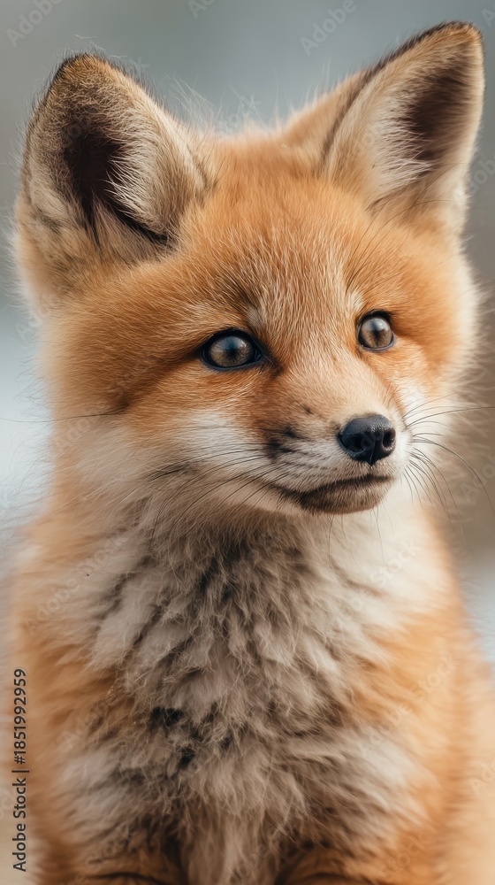 Fototapeta premium cute baby fox portrait, fluffy orange fur, soft daylight, pastel background, vertical