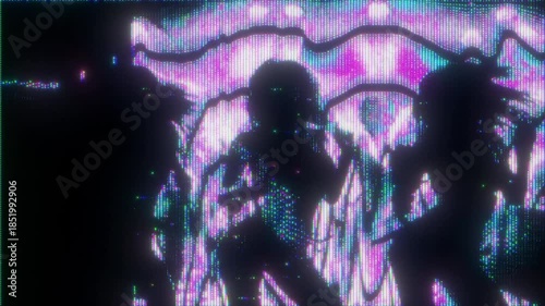 4K Concert Dance Glitch Animation with Silhouetted Woman Moving to Music Rhythm Digital Noise Signal Distortion and Light Interference as Background Overlay Layer for Music Video and Stage Visual