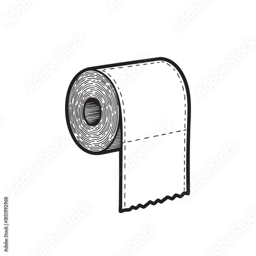 Monochrome vintage illustration of a standard roll of toilet paper with a serrated edge, an essential sanitary product.