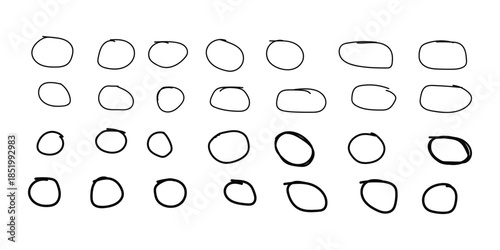A collection of 30 hand drawn oval shapes in black ink on white background