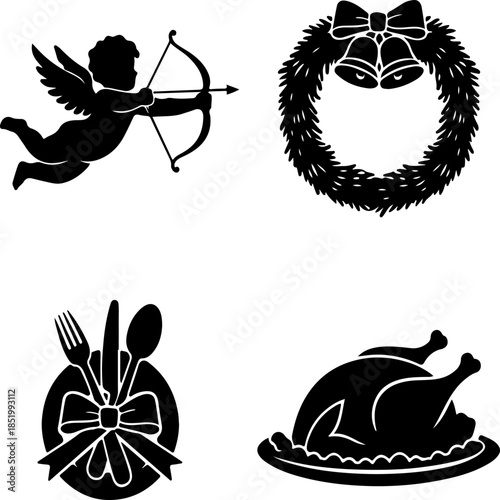 Cupid silhouette shooting arrow towards heart with Christmas wreath, cutlery on plate and roasted turkey on platter on white background, celebration symbols