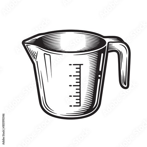Vintage Engraved Measuring Cup Illustration for Kitchen and Cooking Designs in Retro Woodcut Style.