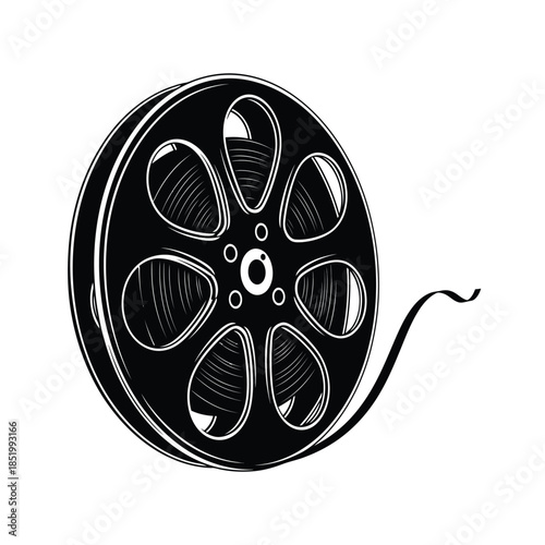 A detailed illustration of a vintage film reel showcasing the classic design and aesthetic of early cinema photography