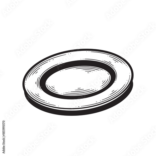 Classic Engraved Dinner Plate Illustration Depicting Empty Ceramic Tableware in Vintage Woodcut Style.