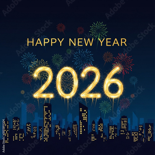 Happy New Year 2026: Festive fireworks illuminate the skyline with '2026' in radiant gold, heralding the arrival of the new year against the backdrop of a modern cityscape.