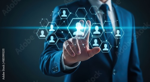 Man touching blue digital interface showing human network on a dark background