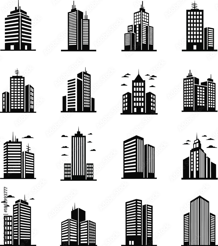 Obraz premium Modern Skyscrapers Silhouette Vector Collection in Various Architectural Designs