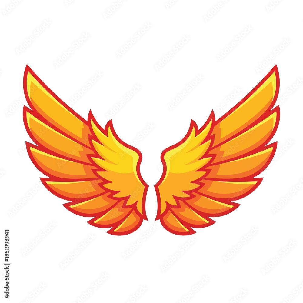 Fototapeta premium A vibrant illustration depicts a pair of stylized orange and yellow wings spread wide against a white background symbolizing flight