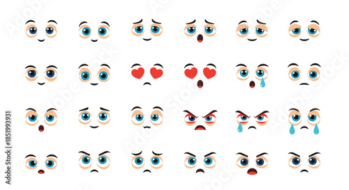 Big set of expressive cartoon eyes showing a wide range of emotions like happiness, sadness, anger, and love for character design.