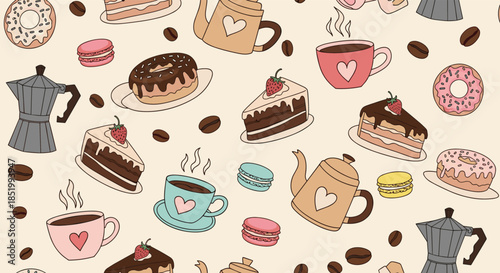 Charming seamless pattern with hand-drawn coffee pots, cups, cakes, and macarons, creating a cozy cafe and bakery themed background.
