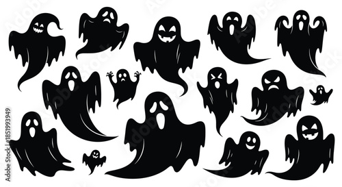 Collection of various spooky black ghost silhouettes with different scary and funny facial expressions for Halloween decoration.