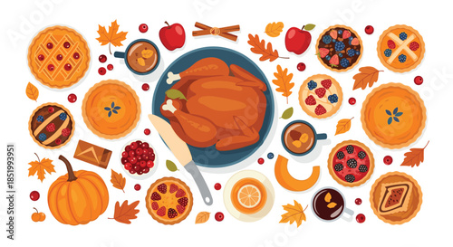 Top-down view of a festive Thanksgiving dinner table with a roasted turkey, various pies, drinks, and autumn decorations.