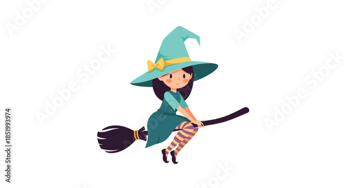 Cute and charming little witch with dark hair and a teal hat, happily flying on her broomstick for a magical Halloween adventure.