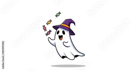 Playful cartoon ghost wearing a purple witch hat and happily juggling colorful candies for a fun and cute Halloween celebration.