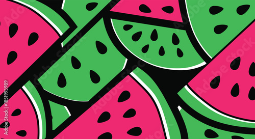 Bold and graphic abstract background pattern of overlapping pink and green watermelon slices with black seeds for a fun summer vibe.