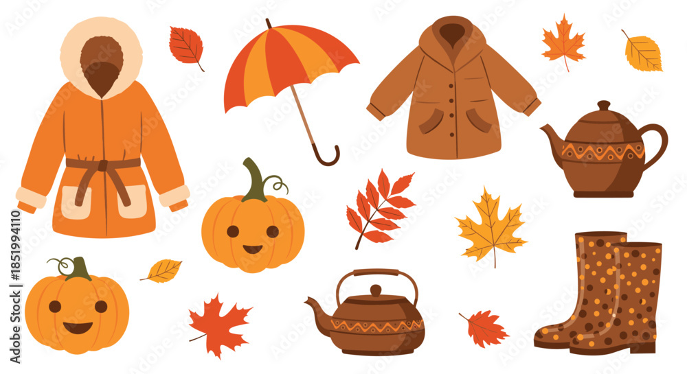 Obraz premium Cozy collection of cute autumn-themed clip art including warm coats, smiling pumpkins, teapots, and colorful fall leaves.