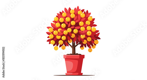 Stylized decorative kumquat tree with vibrant red leaves and round yellow fruit growing in a simple red pot on a white background.