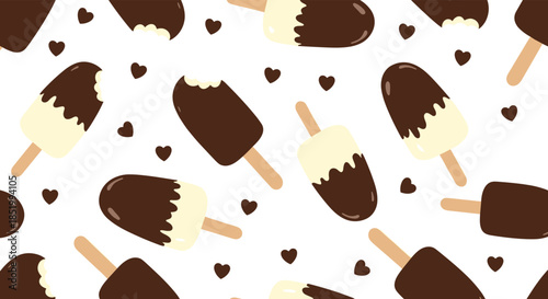 Cute seamless pattern of chocolate-dipped vanilla ice cream bars and tiny hearts, creating a sweet and delicious dessert background.