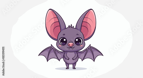 Adorable illustration of a cute purple cartoon bat with large ears and big eyes, smiling sweetly against a simple white background.