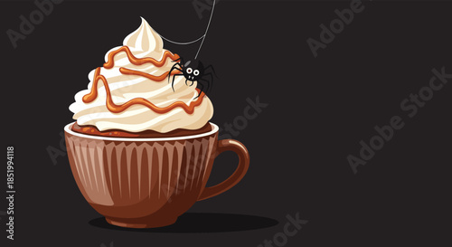 Spooky and sweet Halloween-themed drink in a cup with whipped cream, caramel drizzle, and a cute spider hanging from a web.