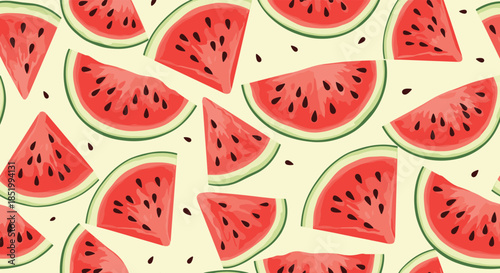 Refreshing summer seamless pattern of juicy red watermelon slices and black seeds scattered on a pale yellow background.