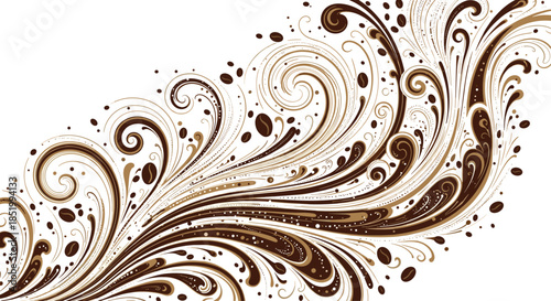 Dynamic and elegant abstract background illustration of swirling brown coffee splashes and beans, creating an energetic and fluid design.