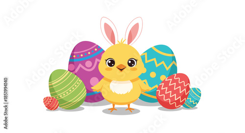 Adorable Easter scene with a cute baby chick wearing pink bunny ears, surrounded by a group of brightly decorated Easter eggs.