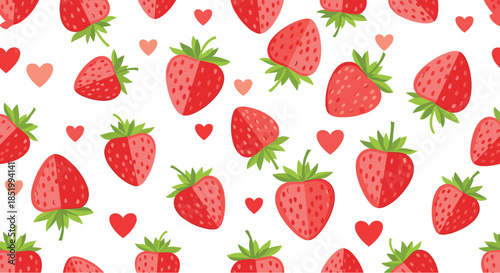 Adorable seamless pattern of sweet red strawberries and cute little hearts scattered across a simple, clean white background.