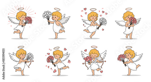 Adorable collection of eight cute cartoon cupids, each with wings and a halo, in various poses with flowers, hearts, and arrows.