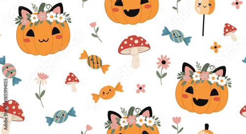 Cute and whimsical seamless Halloween pattern with smiling cat-eared pumpkins, candy, mushrooms, and flowers on a white background.