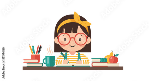 Cute cartoon girl with glasses and a yellow headband studying diligently at her desk with a stack of books and a warm drink.