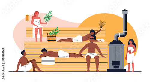 Diverse group of people in towels relaxing and enjoying a traditional hot wooden steam sauna for health and wellness benefits.