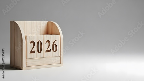Wooden block calendar showing year 2026 on elegant minimalist desk