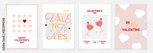 Set of 4 Valentine's Day cards. Valentine's cards with hearts, wine glass. Vector Valentine's Day card.