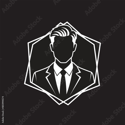 A striking black and white illustration depicts a man in a suit within a hexagonal frame conveying professionalism