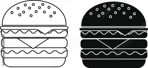 Hamburger icon set, outline and silhouette style, fast food vector, editable illustration, burger layers, sesame bun, snack design, clipart