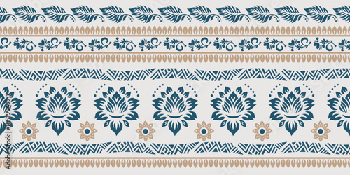 African boho paisley floral embroidery Ikat border pattern with ethnic Indian and Aztec influences. Seamless ethnic Ikat floral motifs featuring ornamental embroidery details, inspired by traditional 