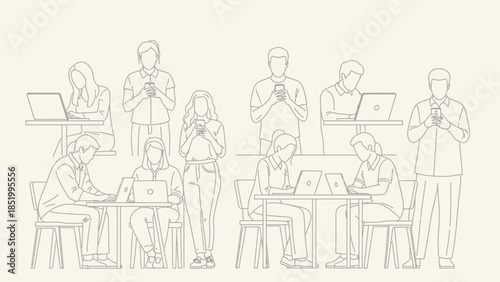 Diverse Business Professionals Working Together in a Busy Coworking Space, Focused on Laptops and Smartphones, on an Isolated White Background