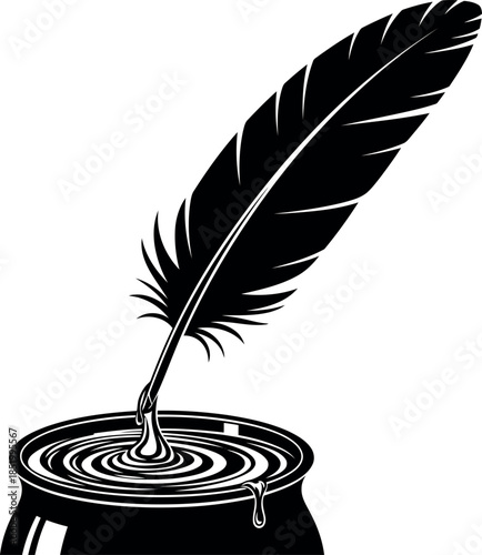 Black Feather Dip Pen Inkwell Writing Illustration Design